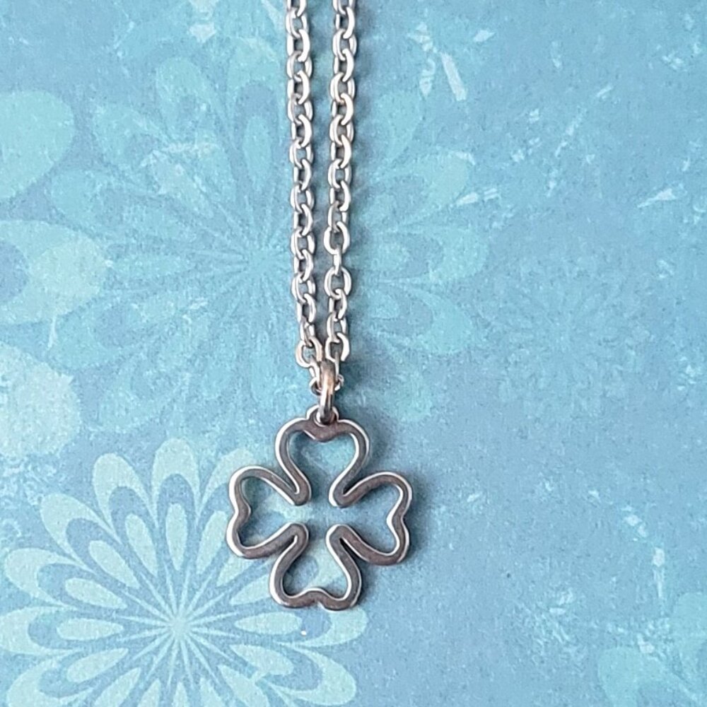 Four Leaf CLOVER Stainless Steel Charm Chain Necklace 24" IRISH Good Luck